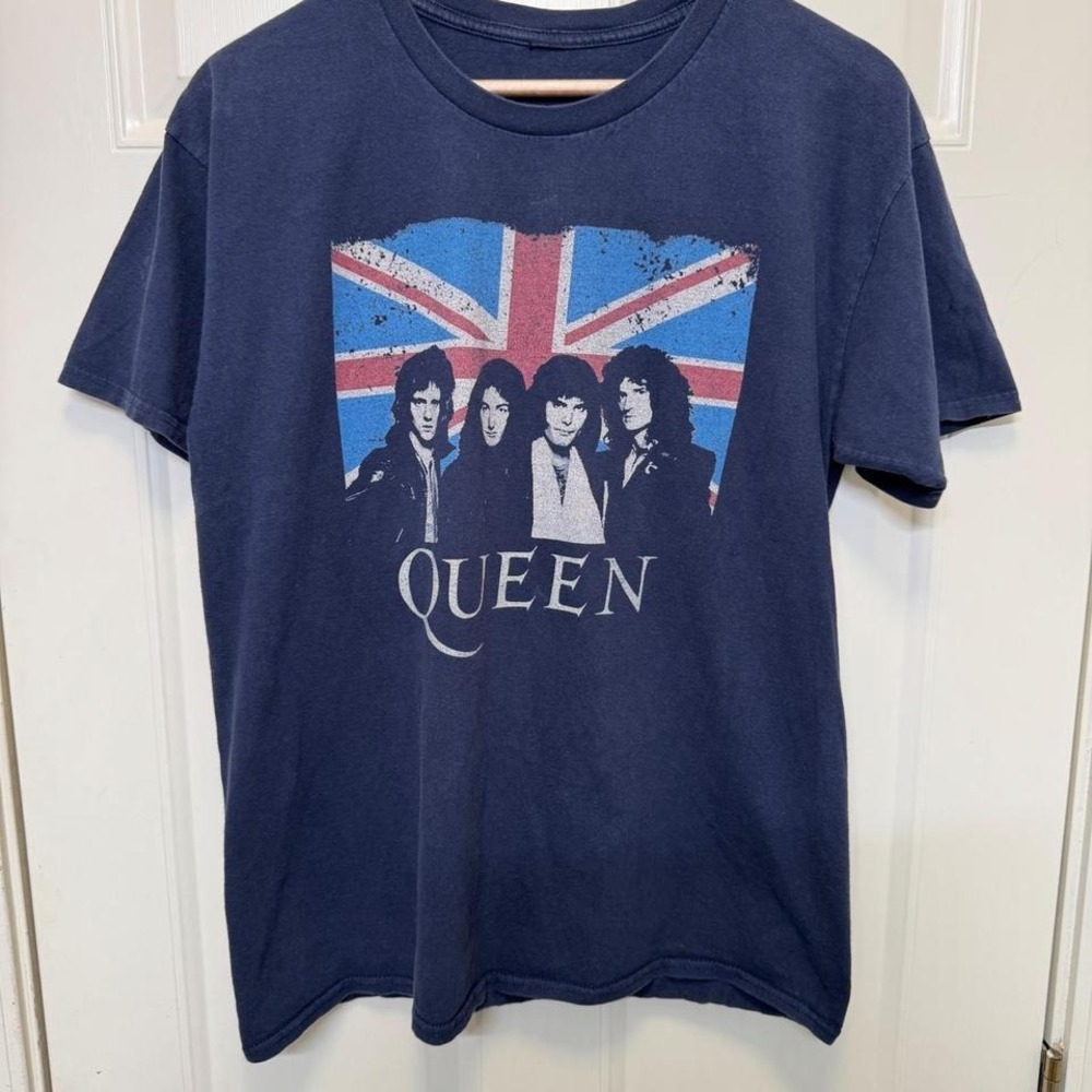 Queen Mens Graphic T-Shirt L Navy Blue Union Jack British Rock Band Tee Retro